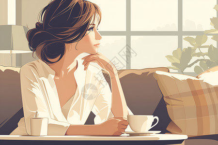 喝普洱茶优雅女性在窗边喝咖啡插画