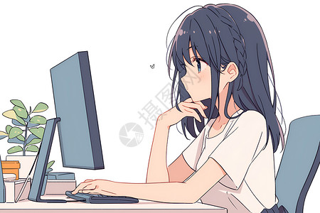 电脑浏览少女在电脑上冲浪插画
