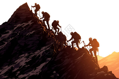 团队优势攀登者们在攀登高峰插画