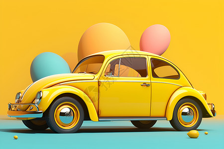 汽车轮子黄色汽车和气球插画