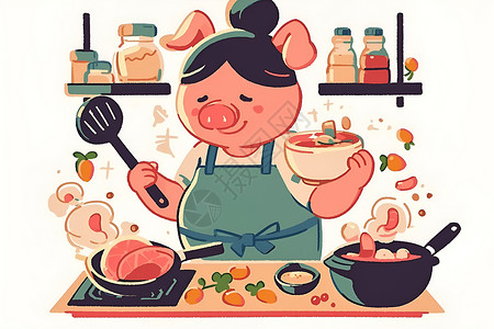 厨房餐饮做饭的小猪插画
