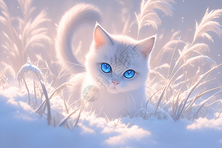 动物之眼清冷雪景中的蓝眼白猫插画