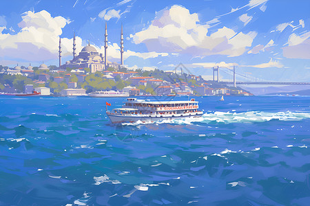 海洋城市船只驶向开阔的海面插画