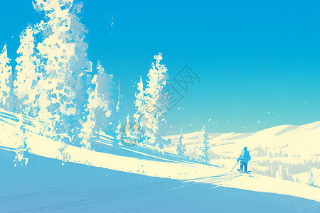 雪地城堡冬日山上滑雪的人插画