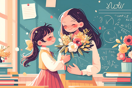 给爷爷递茶教室里向女孩递花给教师在插画