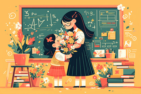 递东西温馨的教室里女孩递花给老师插画