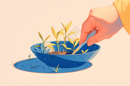 泥土手蓝色碗中的绿植插画