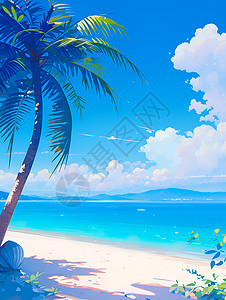 棕榈树和天空沙滩上的棕榈树和贝壳插画