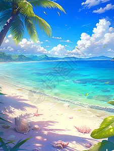 棕榈树和天空湛蓝的大海和沙滩插画