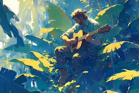 森林中弹吉他的男人高清图片