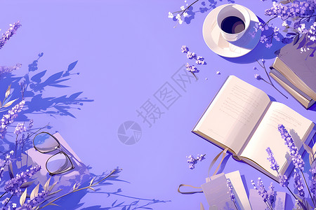 紫色背景上的书本和植物背景图片