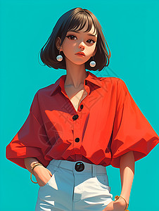 红首页女孩的红衬衫插画