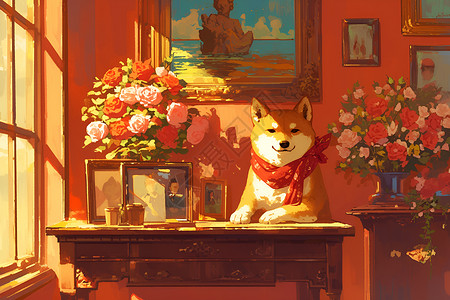 花瓶里玫瑰花房间桌上的小狗插画