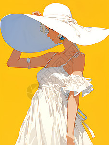 白色太阳帽夏日的白裙子女士插画
