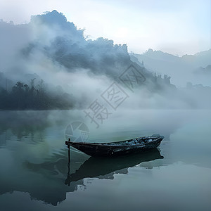 日系插画山山湖中的迷雾和木船背景