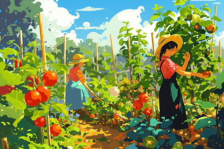 农民蔬菜大棚采摘蔬菜采摘蔬菜的农民插画