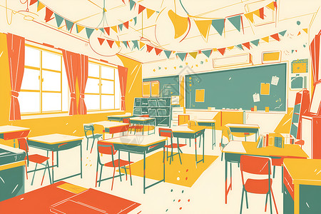 学校装饰教室内的桌椅插画