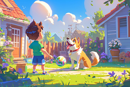 俯视院子玩球的男孩和狗狗插画