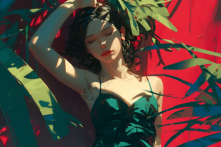 棕榈背景棕榈树下的女子插画