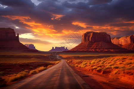 沙漠中的漫长公路背景图片