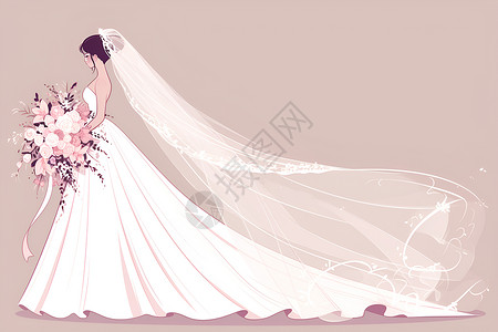 个性婚纱新娘手持花束插画