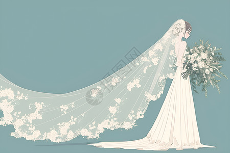 拿花束新娘美丽的婚纱插画