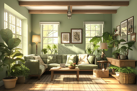 家居绿绿色调装修的客厅插画