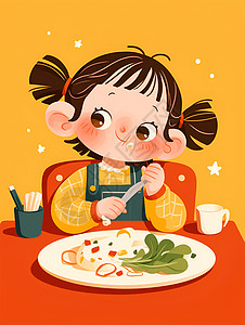 小女孩吃饭享受美食的小女孩插画