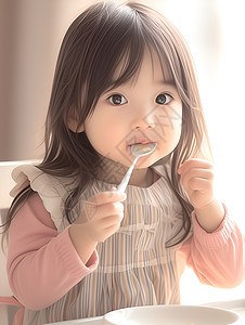 小女孩吃饭亮丽的亚洲女孩插画