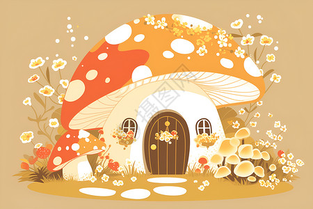 屋簷绚丽蘑菇屋插画