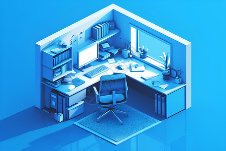 蓝色视角下的家庭办公室高清图片
