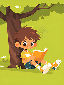 小男孩背景小男孩在树下读书插画
