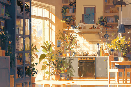 厨房的阳光和植物背景图片