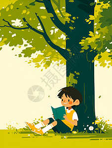 快乐的男孩在树下阅读图片