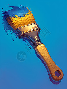 木质油刷子沾有蓝色油漆的刷子插画