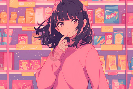 超市零食货架前的少女背景图片