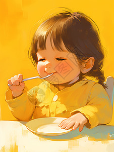 亚洲婴儿吃饭中的亚洲小女孩插画
