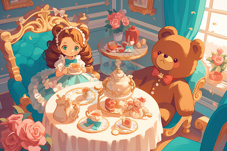 餐桌前的女孩和小熊插画