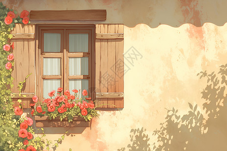 她窗口小屋窗台上有花盆插画