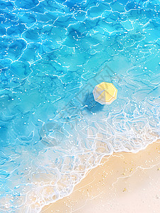 库塔海滩夏日碧海蓝天下的黄伞插画