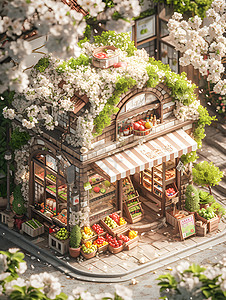 立体商铺花朵繁茂的水果商铺插画