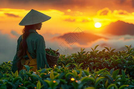 采茶人素材夕阳下的采茶人背景