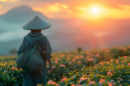 茶都黄昏下的茶园与茶农背景