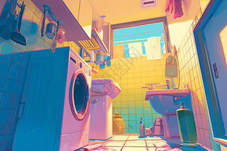 洗衣机卫生间卫生间内的家具插画