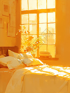 阳光室内室内的舒适床铺插画