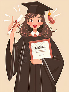 证书封皮笑容可掬的女孩穿着学士服插画