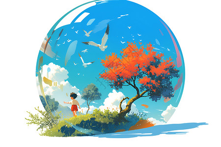 大树背景玻璃球中的男孩和飞鸟插画