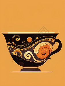 杯子工艺品黑橙花纹咖啡杯插画