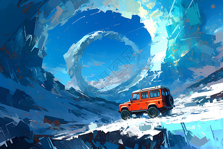 冰川山脉冰川上的红色越野车插画