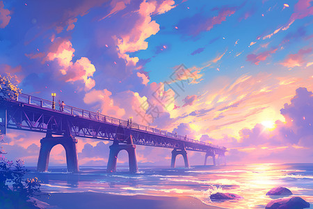 铁路大桥横跨海洋的大桥插画
